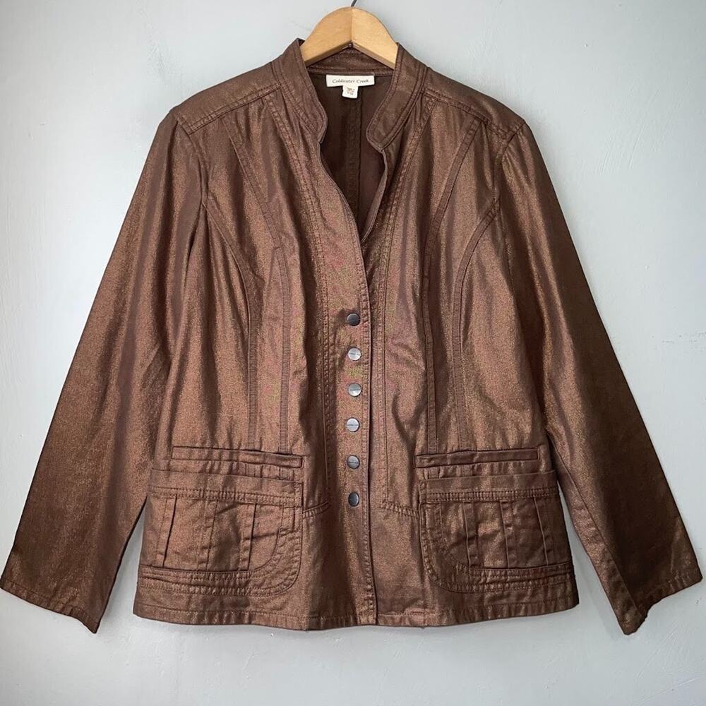 Coldwater Creek Size 16 Petite Copper Bronze Metallic Snap Jacket Denim Coat